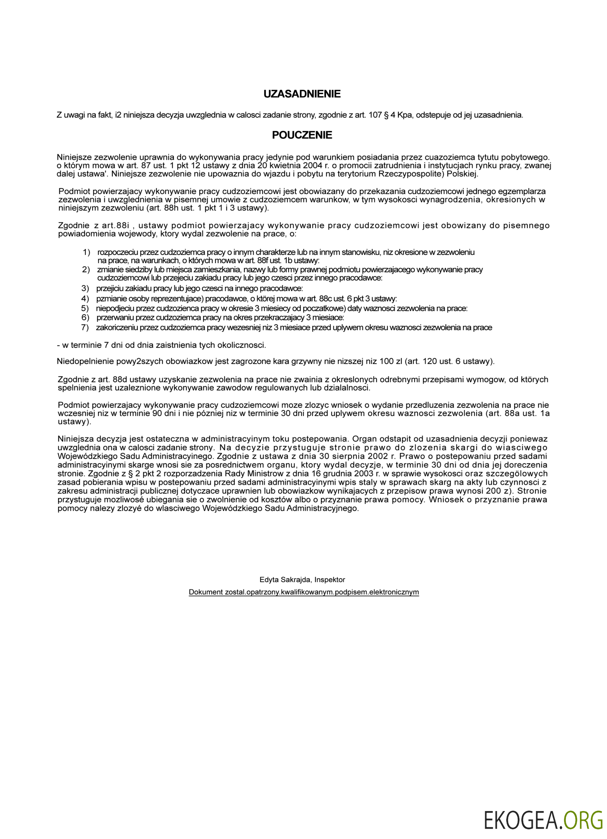 Certificat de travail pour étrangers en Pologne page 2